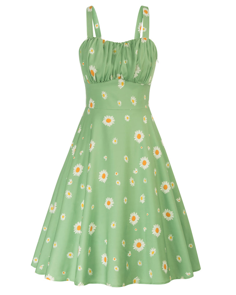 belle poque Vintage Two-Way Defined Waist Dress Ruched Bodice Flared A-Line Dress Green Daisy