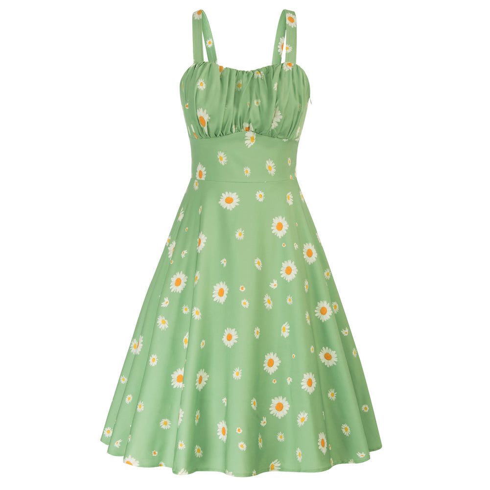 belle poque Vintage Two-Way Defined Waist Dress Ruched Bodice Flared A-Line Dress Green Daisy