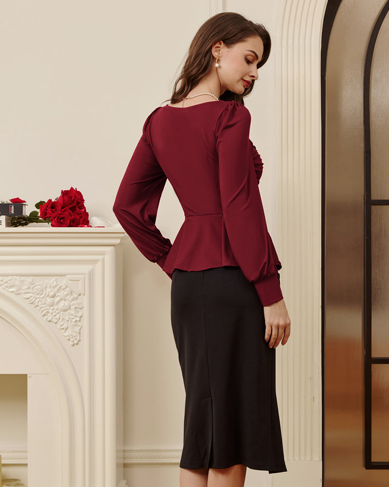 belle poque Women Vintage Ruched Tops Puffed Long Sleeve Peplum Hem Tops