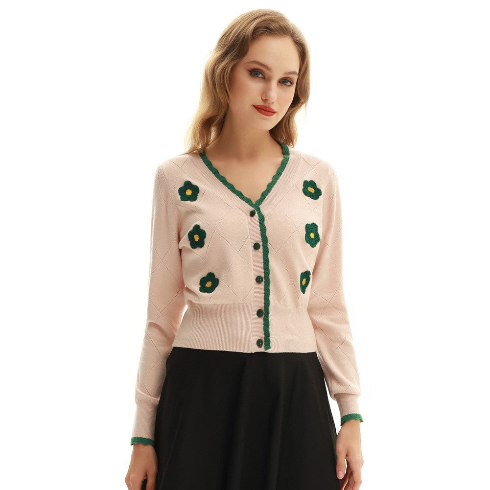 belle poque Long Sleeve V-Neck Button Down Cropped Sweater Cardigan