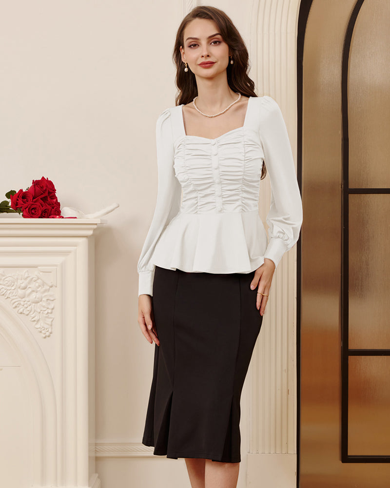 belle poque Women Vintage Ruched Tops Puffed Long Sleeve Peplum Hem Tops