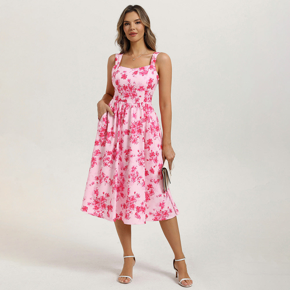 belle poque Women's Floral Midi Sundress with Pockets Spring Summer Dresses for Wedding Guest
