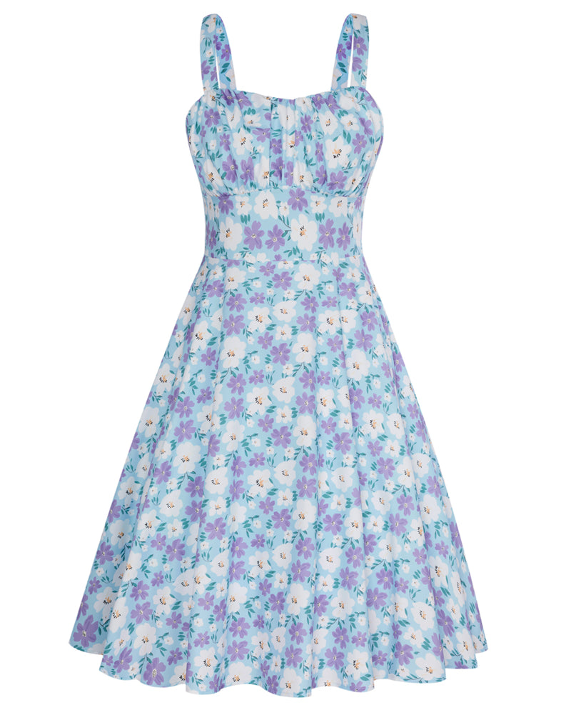 belle poque Vintage Two-Way Defined Waist Dress Ruched Bodice Flared A-Line Dress Purple