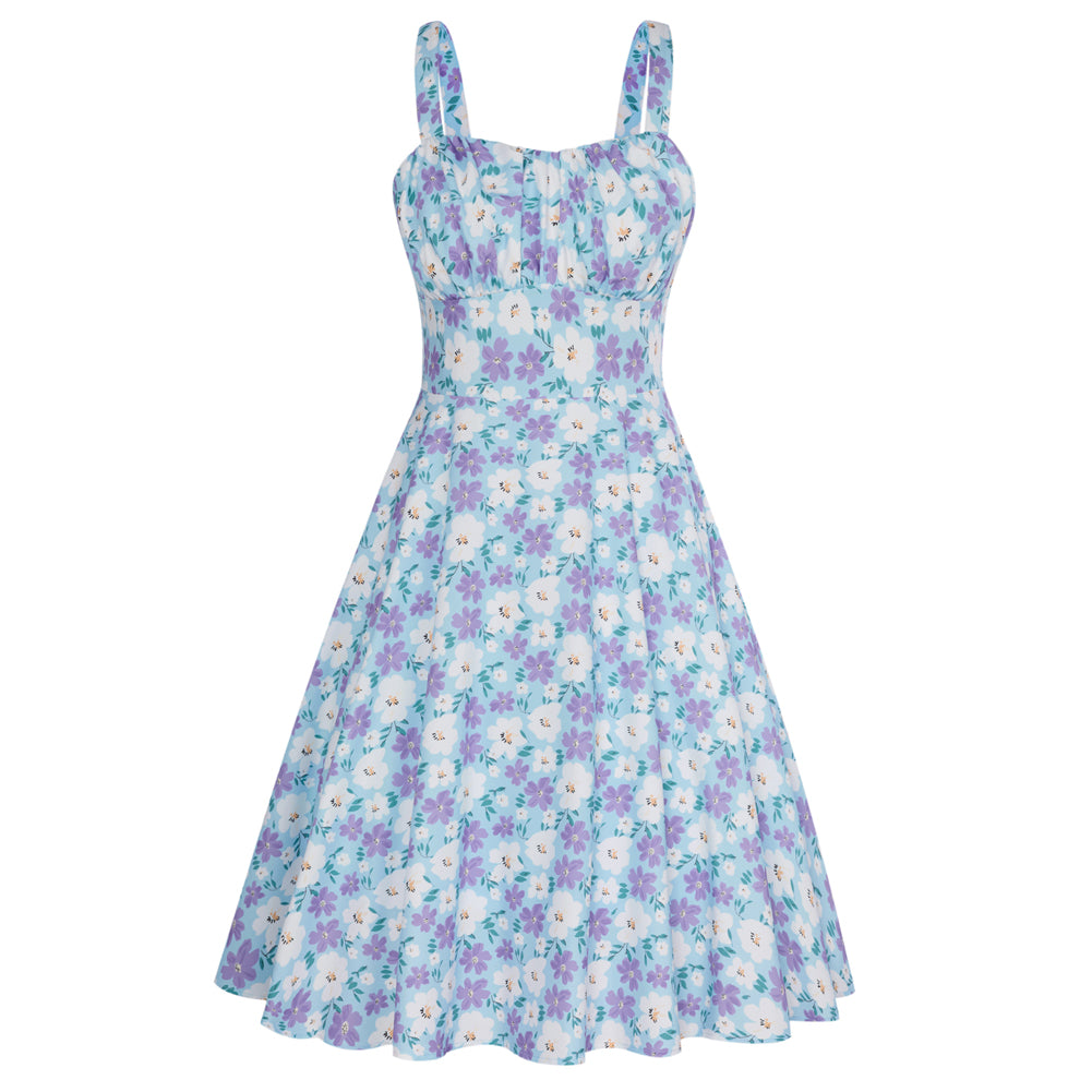 belle poque Vintage Two-Way Defined Waist Dress Ruched Bodice Flared A-Line Dress Purple