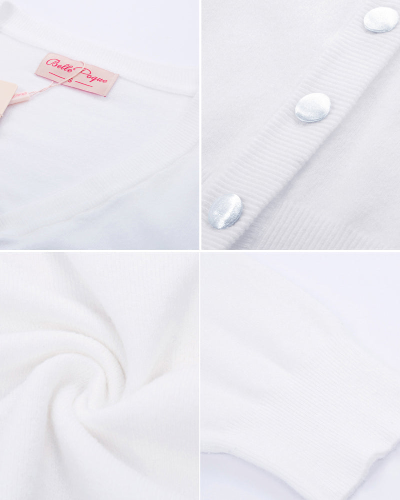 belle poque 3/4 Sleeve V-Neck Button Down Cherries Embroidery Cropped Cardigan Sweater Coat