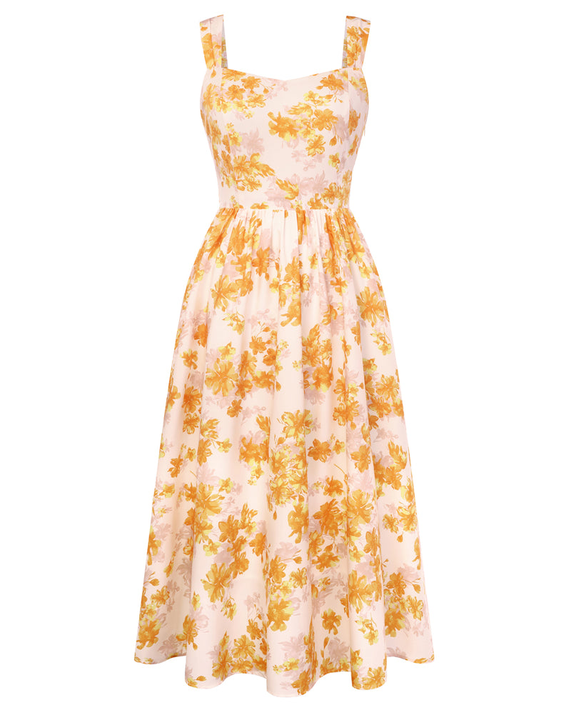 belle poque Women's Floral Midi Sundress with Pockets Spring Summer Dresses for Wedding Guest Yellow