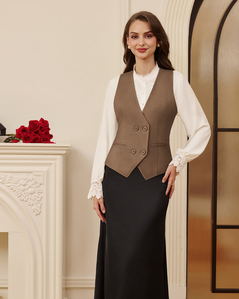 belle poque Women Double Breasted Vest Coat V-Neck Handkerchief Hem Business Waistcoat