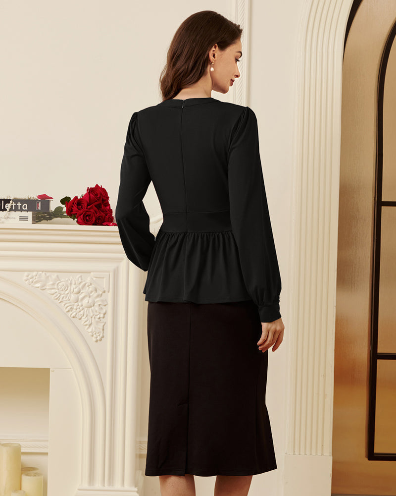 belle poque Women Retro Defined Waist Tops Long Lantern Sleeve Crew Neck Pullover Tops