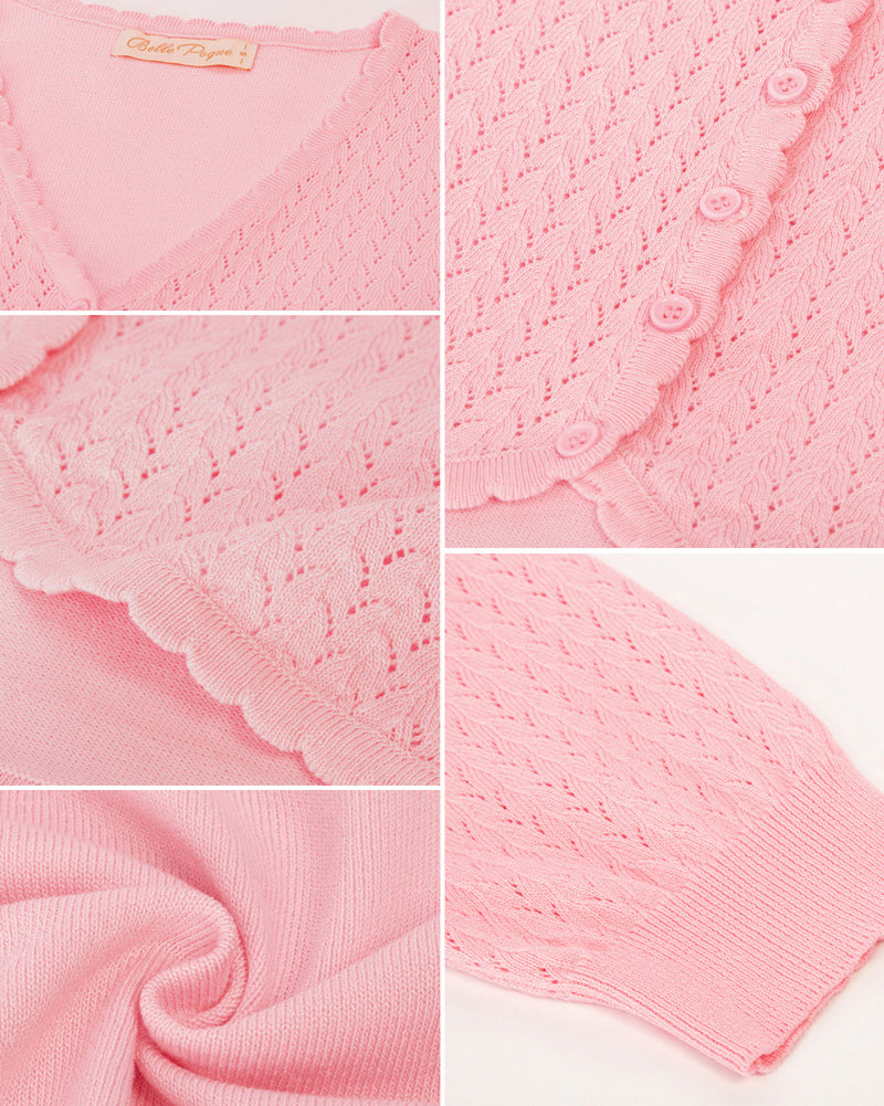 belle poque Hollowed-Out Cardigan 3/4 Sleeve V-Neck Button-up Cropped Knitwear