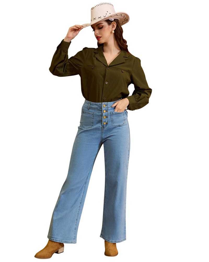 belle poque Vintage Straight Leg High Waisted Elastic Waist Multi-Pocket Flare Denim Pants