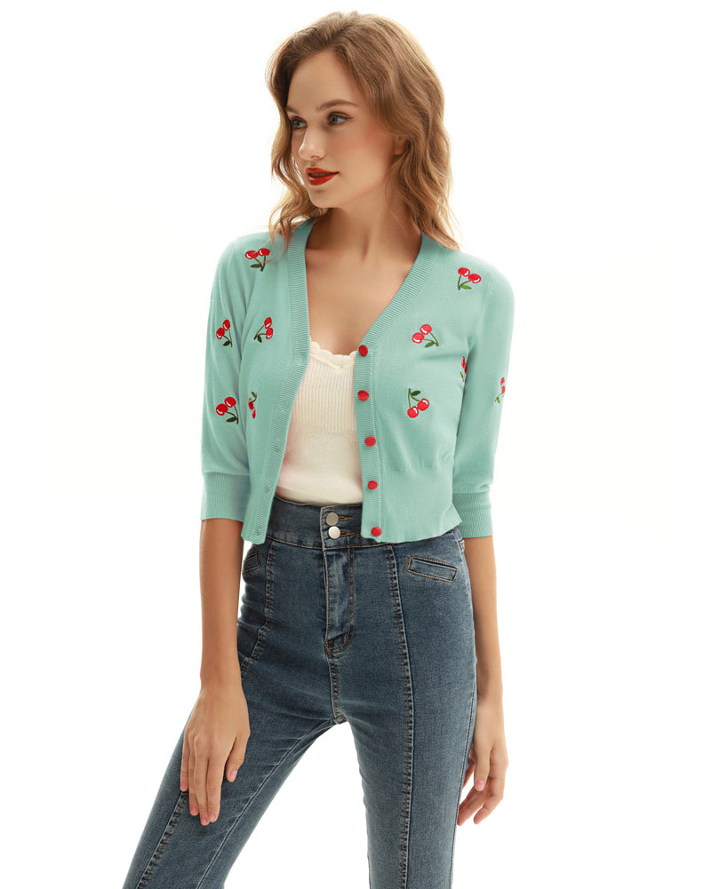 belle poque 3/4 Sleeve V-Neck Button Down Cherries Embroidery Cropped Cardigan Sweater Coat