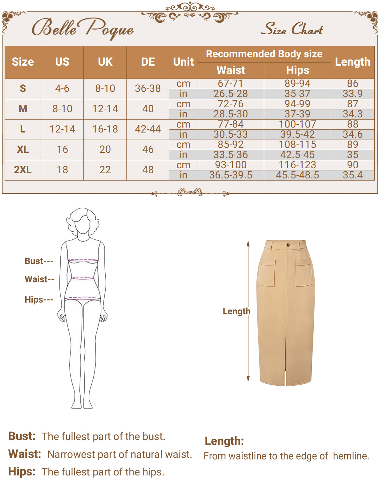 belle poque Women Cargo Skirt Long Pencil Skirt High Wiasted Skirts with Pockets & Slit