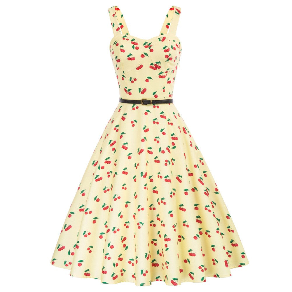 belle poque Fruit Printed Sweetheart Neck Flared 1950s Sleeveless A-Line Dress with Belt Yellow