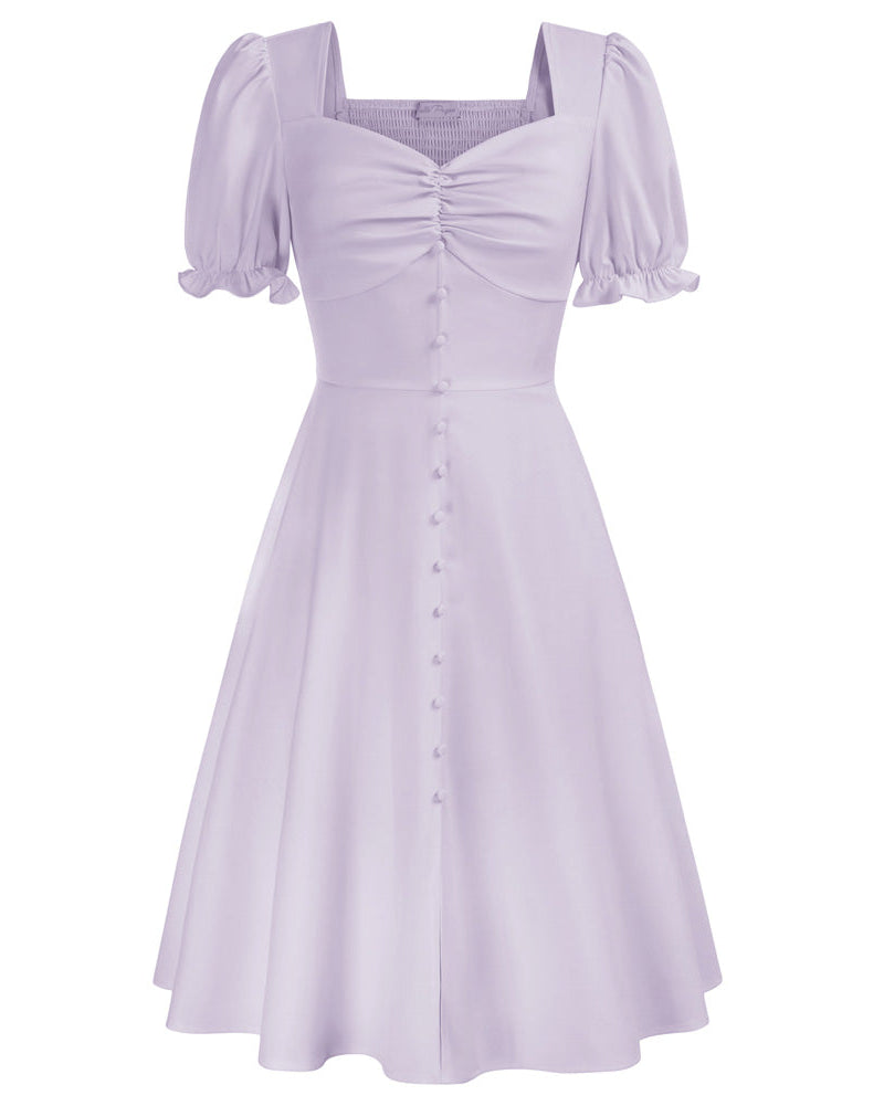 belle poque Vintage Strawberry Patterns Front Slit Dress Puffed Short Sleeve Sweetheart Neck Dress Pale Lavender