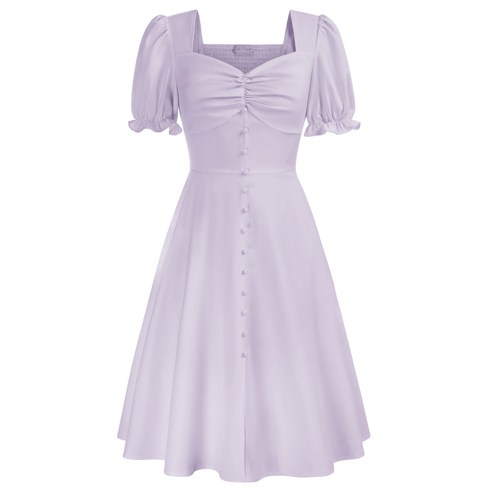 belle poque Vintage Strawberry Patterns Front Slit Dress Puffed Short Sleeve Sweetheart Neck Dress Pale Lavender