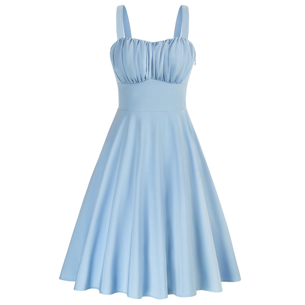 belle poque Vintage Two-Way Defined Waist Dress Ruched Bodice Flared A-Line Dress Light Blue