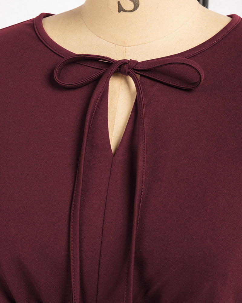 belle poque Vintage A-Line Swing Dress Keyhole Tie Dress Round Neck Work Dress Tea Dress