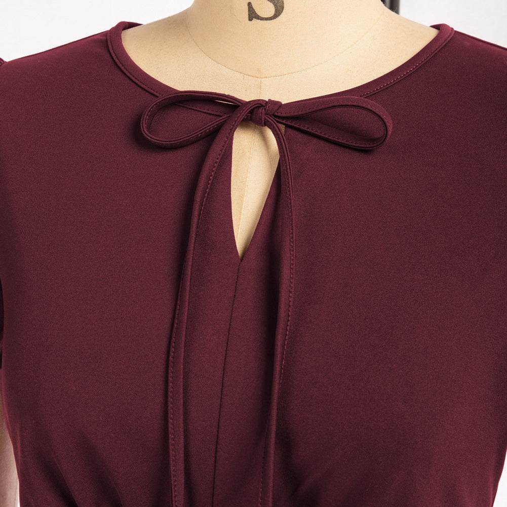 belle poque Vintage A-Line Swing Dress Keyhole Tie Dress Round Neck Work Dress Tea Dress