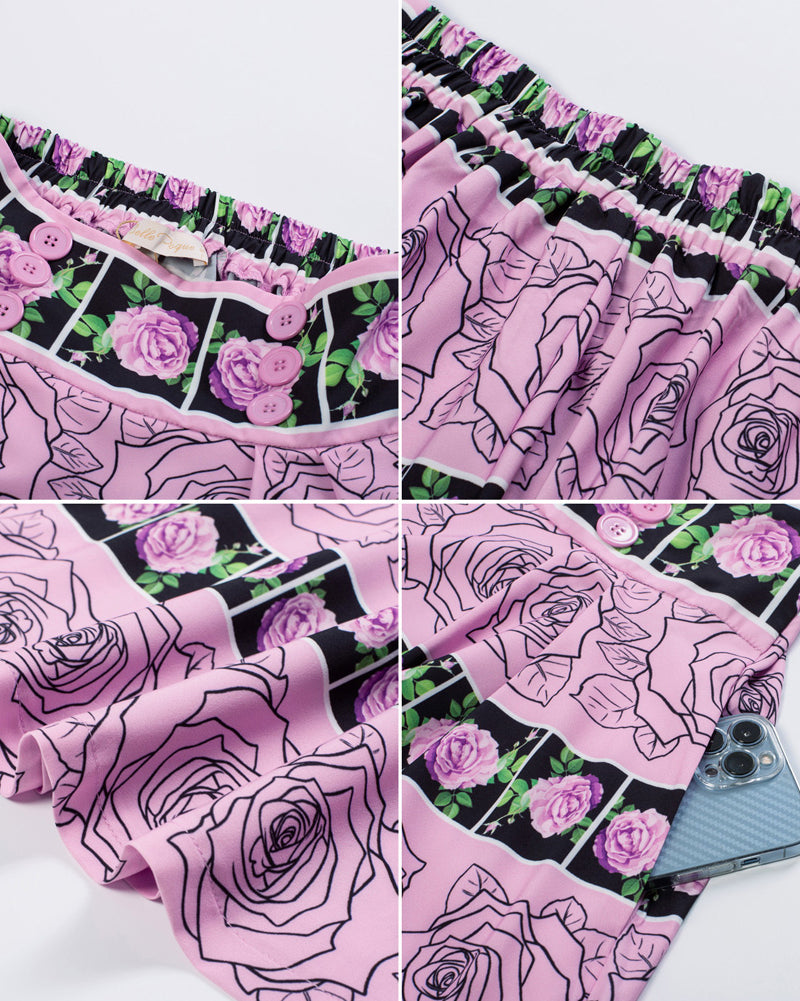 belle poque Pleated Buttons Decorated Elastic Waist High Waist Swing A-Line Skirt with Pockets