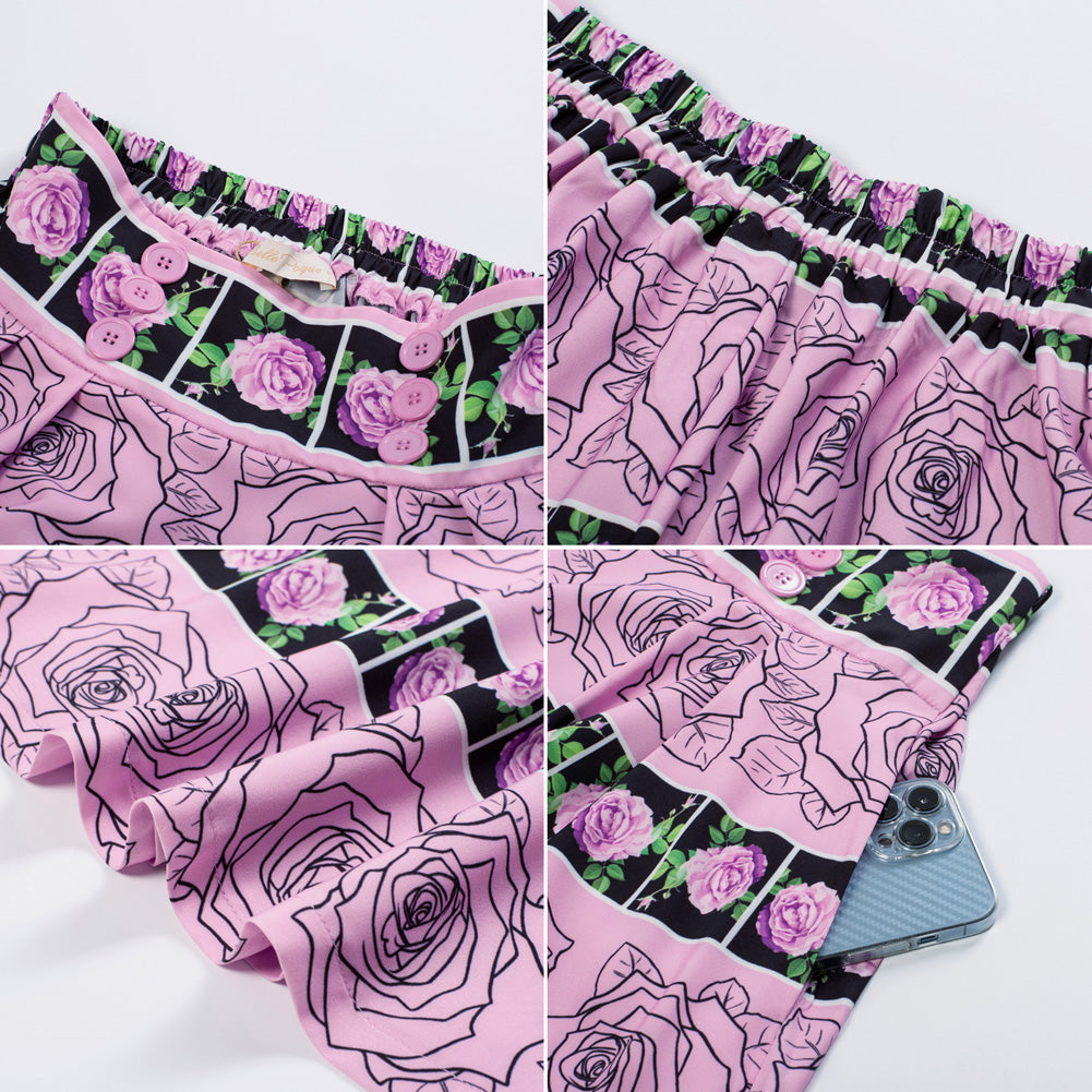 belle poque Pleated Buttons Decorated Elastic Waist High Waist Swing A-Line Skirt with Pockets