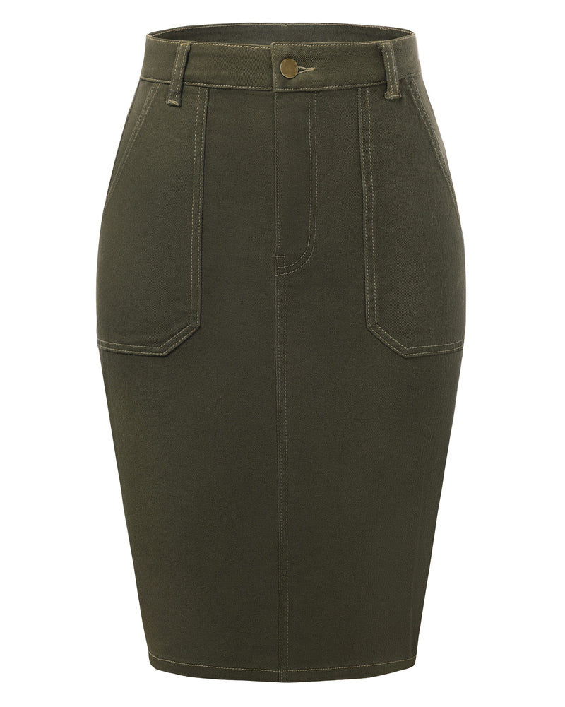 belle poque 1980s Vintage Women's Denim Skirt Knee Length Jean Skirt with Pockets Green