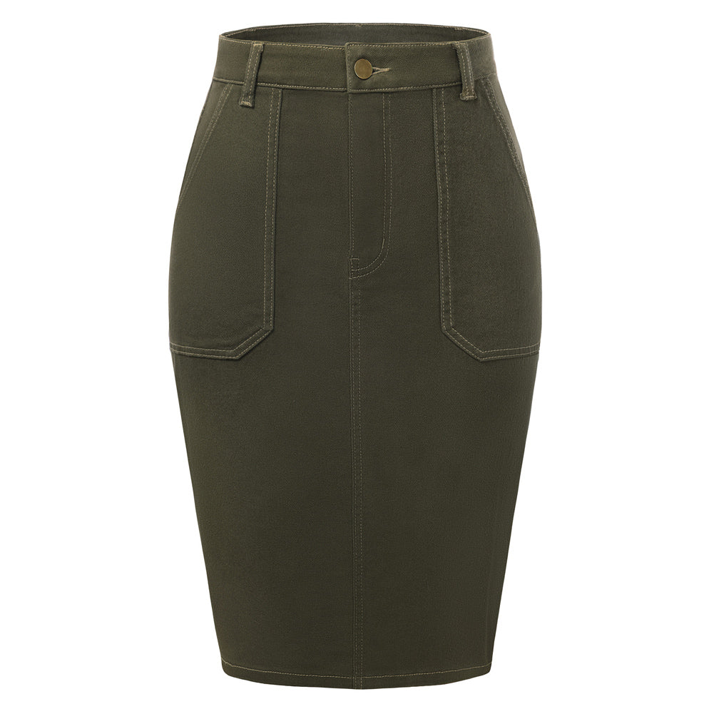 belle poque 2026 Women's Denim Skirt Knee Length Jean Skirt with Pockets Green