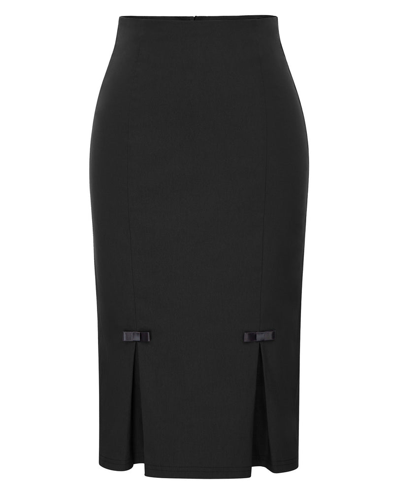 belle poque Vintage Bow-Knot Decorated Hips-Wrapped Bodycon Pencil Skirt Black