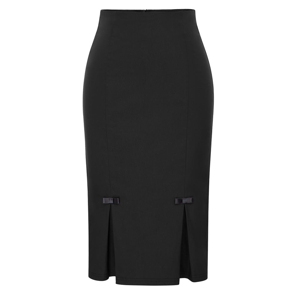 belle poque Vintage Bow-Knot Decorated Hips-Wrapped Bodycon Pencil Skirt Black