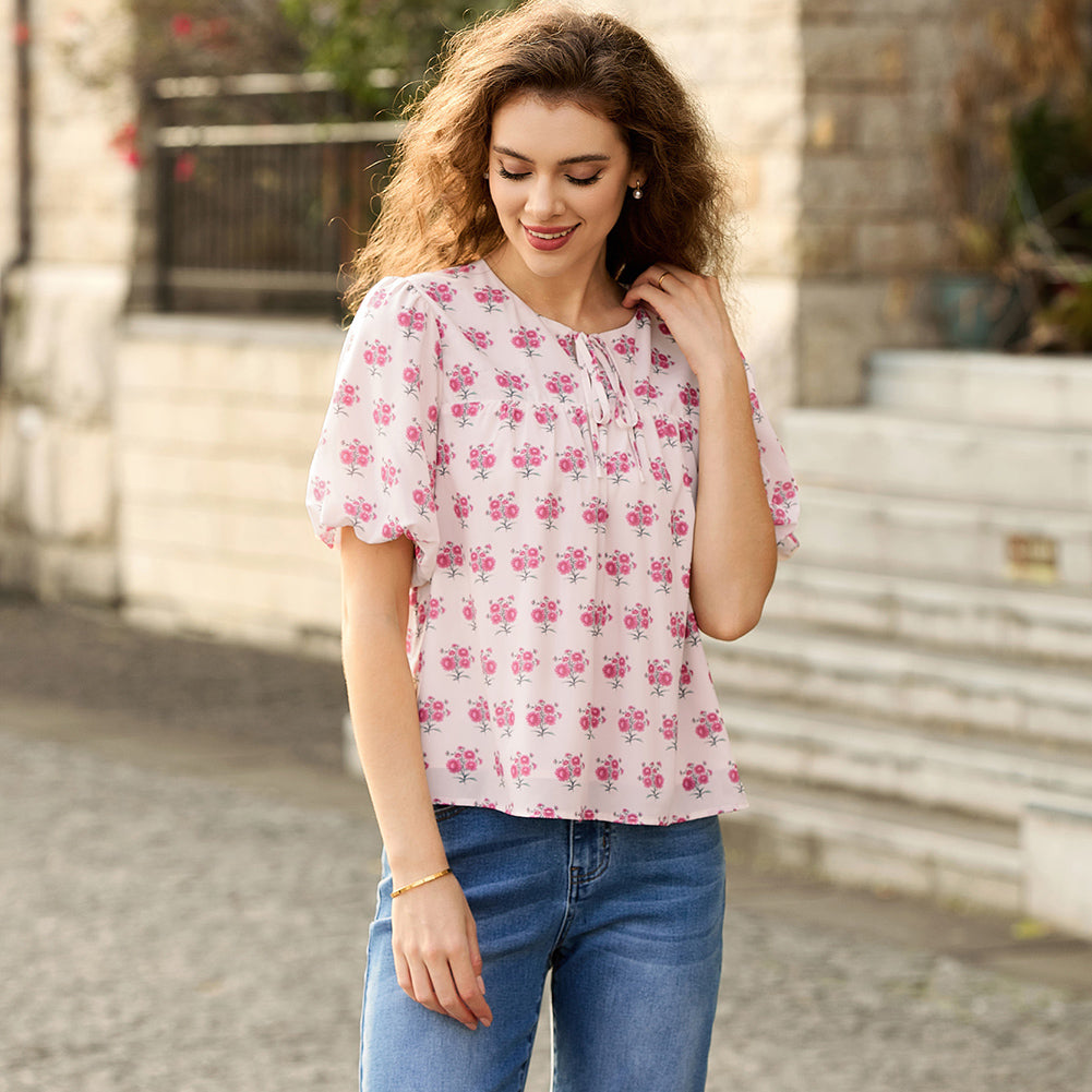 belle poque Floral Babydoll Tops for Women Puff Sleeve Tie Front Blouse Boho Tops Outfits