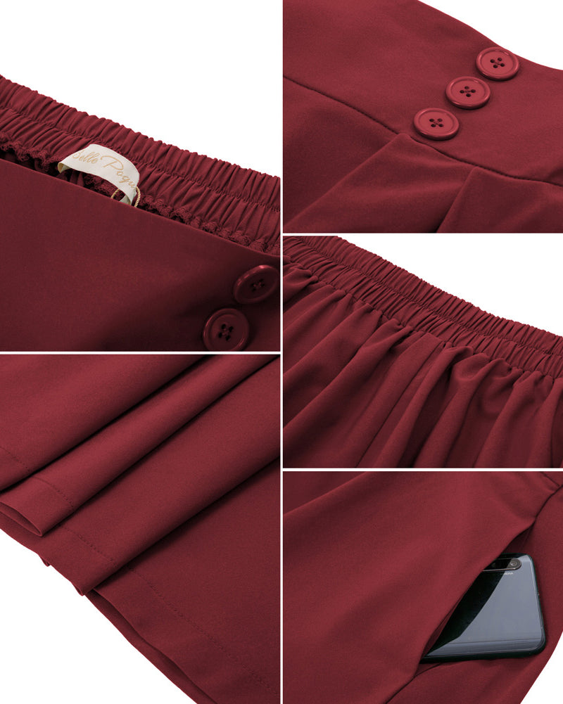 belle poque Women's Vintage Pleated Buttons Elastic Waist High A-Line Skirt