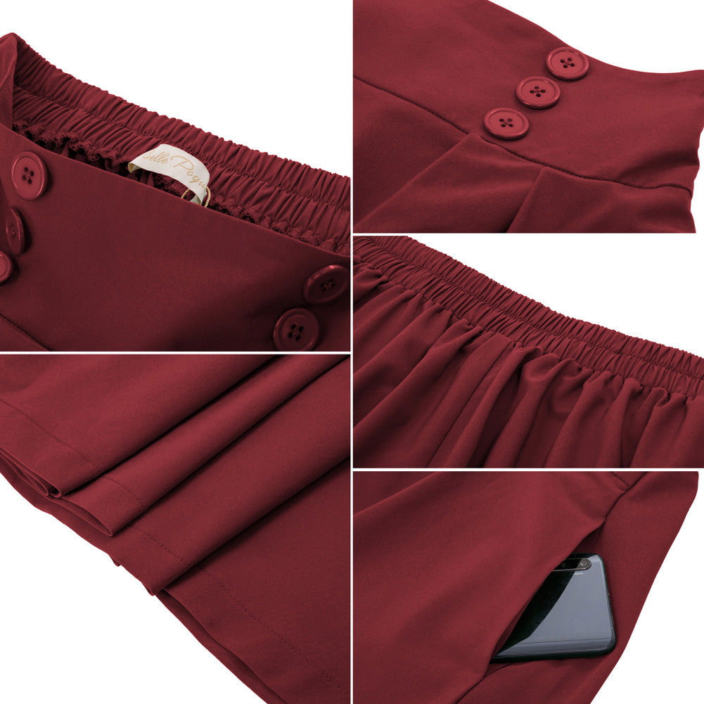 belle poque Women's Vintage Pleated Buttons Elastic Waist High A-Line Skirt