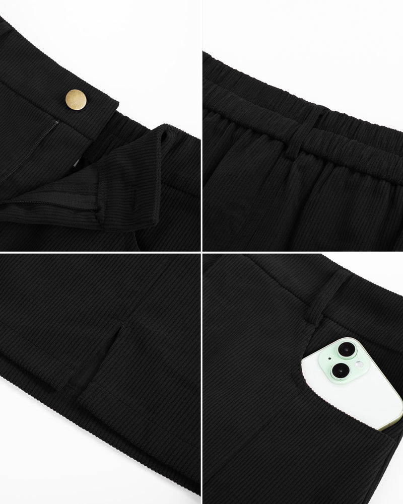 belle poque Women Vintage Corduroy Mini Skirt Elastic Waist Front Slit A-Line Skirt