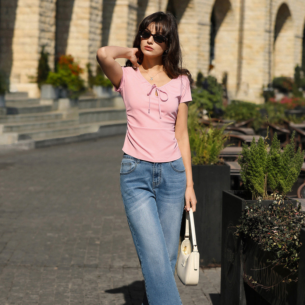 belle poque 2026 Women's Tops Pleated Bow Tie Front Shirts Spring Summer Casual Knit Top