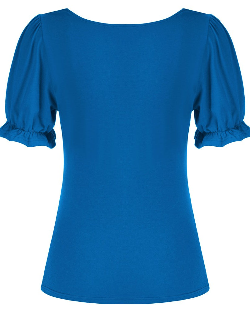 belle poque Solid Color Cotton Tops Slim Fit Puffed Short Sleeve Ruched Tops