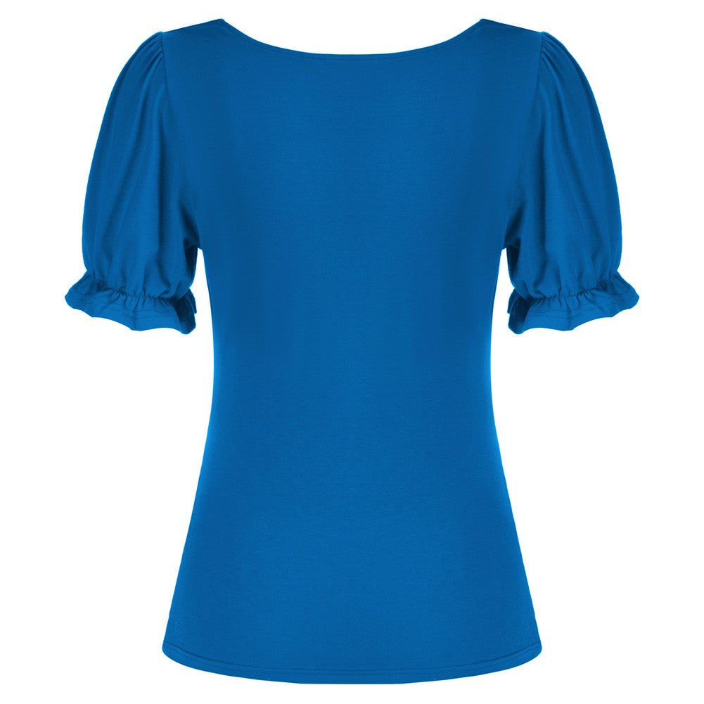 belle poque Solid Color Cotton Tops Slim Fit Puffed Short Sleeve Ruched Tops