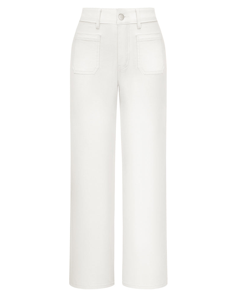 belle poque Women's Straight Leg Jeans Mid Rise Wide Leg Denim Pants with Pockets White