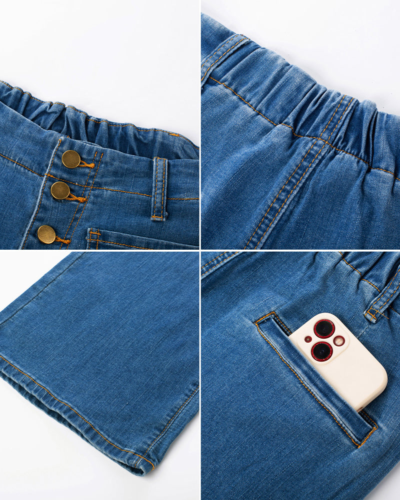 belle poque Vintage Straight Leg High Waisted Elastic Waist Multi-Pocket Flare Denim Pants