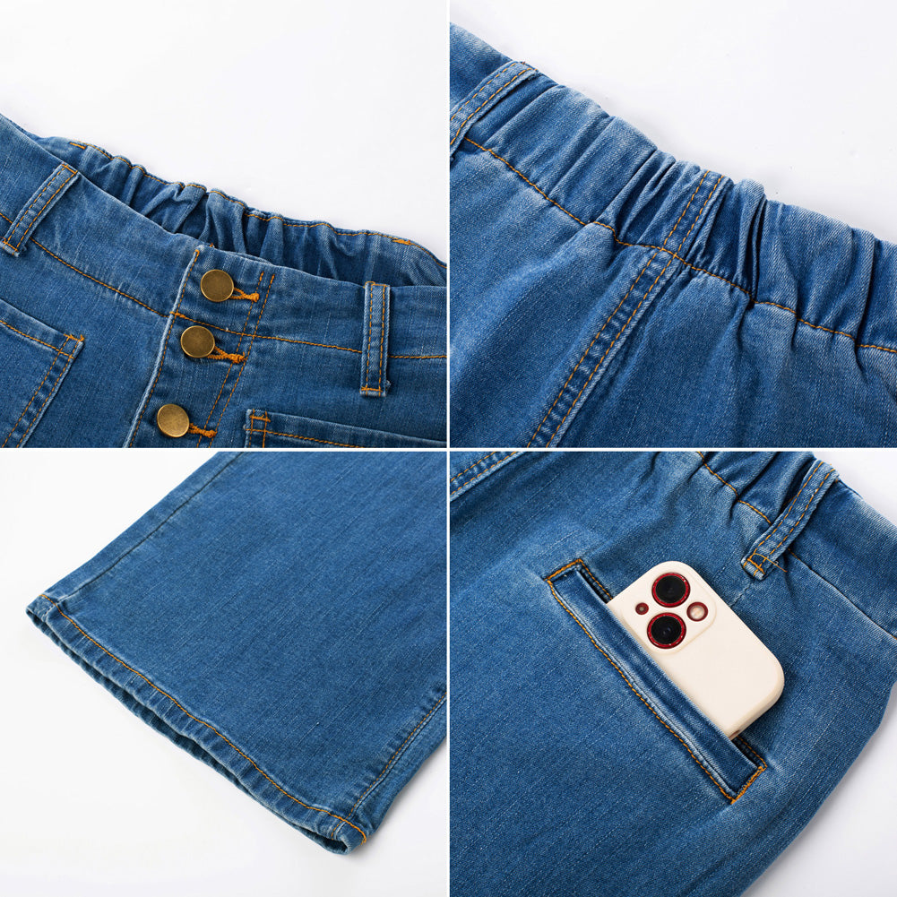 belle poque Vintage Straight Leg High Waisted Elastic Waist Multi-Pocket Flare Denim Pants