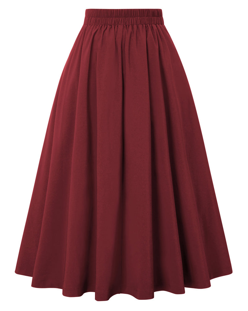 belle poque Women's Vintage Pleated Buttons Elastic Waist High A-Line Skirt