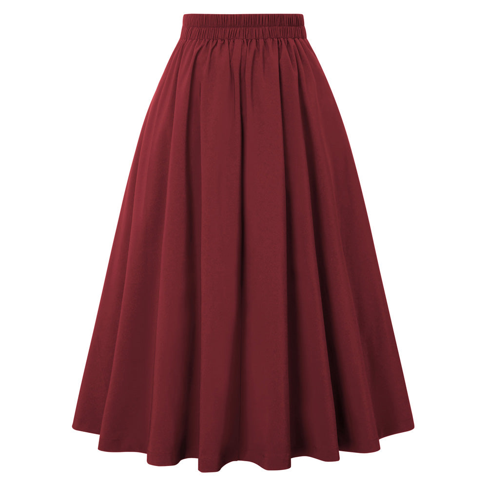 belle poque Women's Vintage Pleated Buttons Elastic Waist High A-Line Skirt