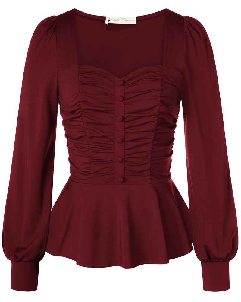 belle poque Women Vintage Ruched Tops Puffed Long Sleeve Peplum Hem Tops Wine
