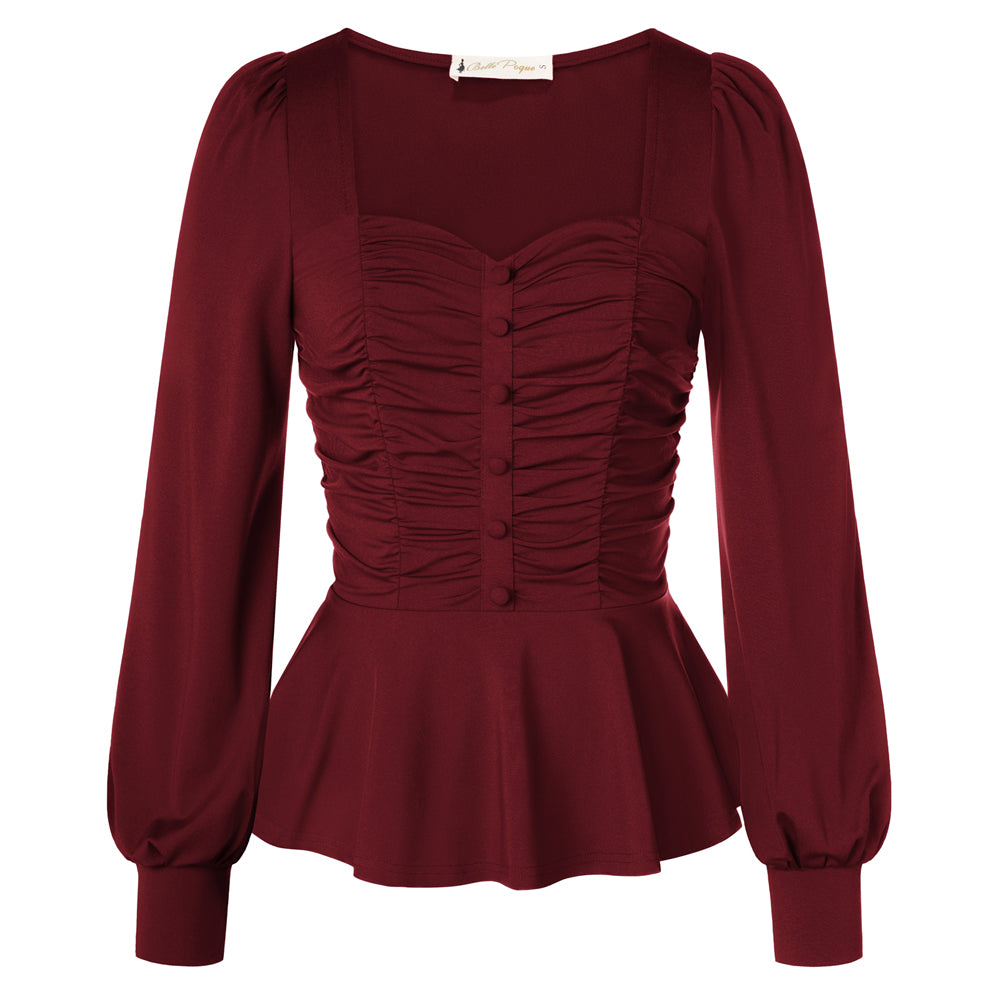 belle poque Women Vintage Ruched Tops Puffed Long Sleeve Peplum Hem Tops Wine