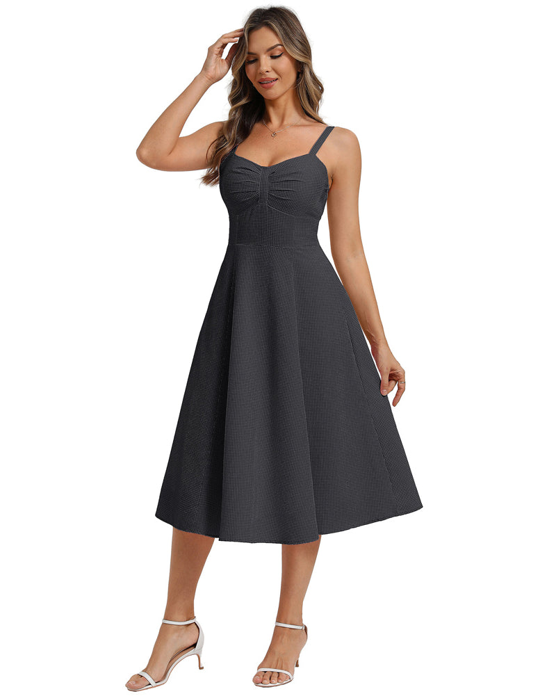 belle poque 1950s Vintage Gingham Dress for Women Sweetheart Neckline Dresses with Pockets