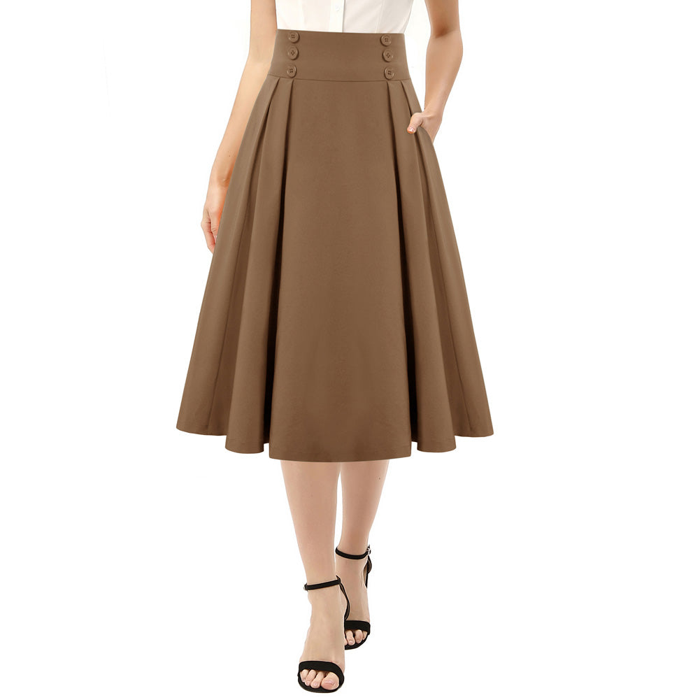 belle poque Women's Vintage Pleated Buttons Elastic Waist High A-Line Skirt