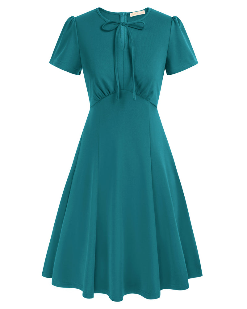belle poque Vintage A-Line Swing Dress Keyhole Tie Dress Round Neck Work Dress Tea Dress Dark Teal