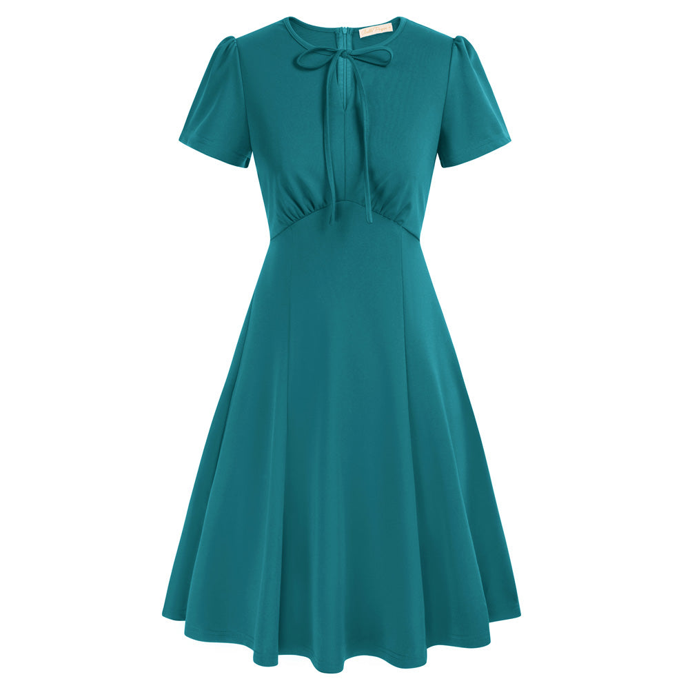 belle poque Vintage A-Line Swing Dress Keyhole Tie Dress Round Neck Work Dress Tea Dress Dark Teal