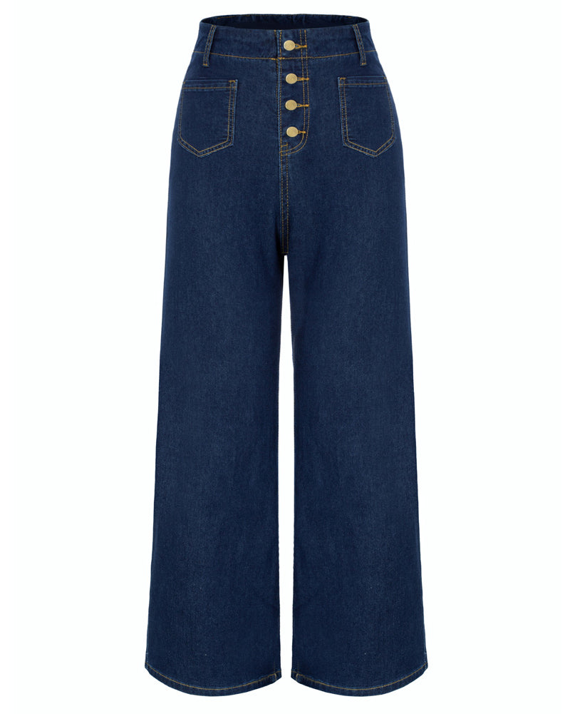 belle poque Vintage Straight Leg High Waisted Elastic Waist Multi-Pocket Flare Denim Pants Dark Blue