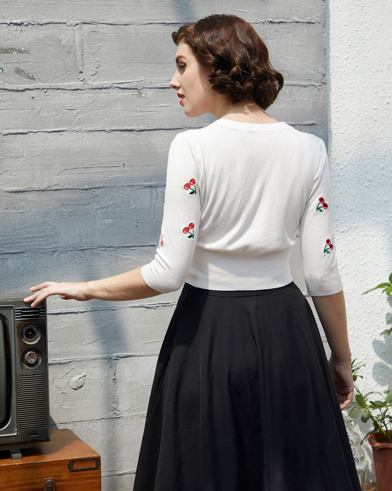 belle poque 3/4 Sleeve V-Neck Button Down Cherries Embroidery Cropped Cardigan Sweater Coat