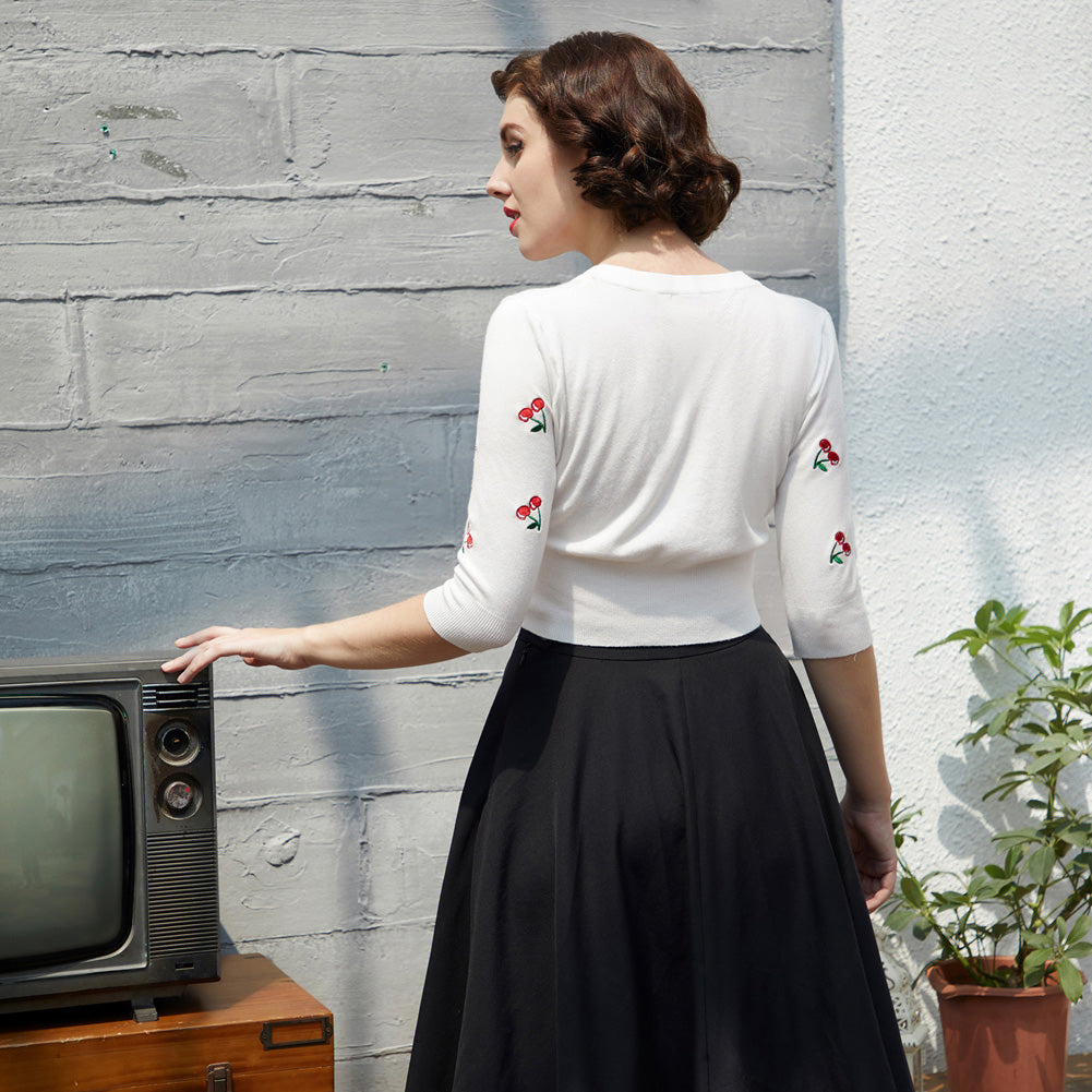 belle poque Women's 3/4 Sleeve Button Down Cherries Embroidery Cropped Cardigan Sweater Coat