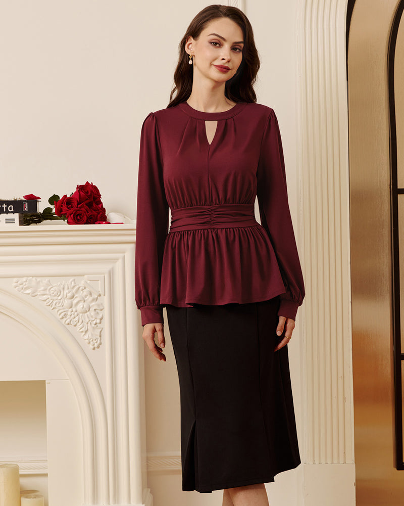 belle poque Women Retro Defined Waist Tops Long Lantern Sleeve Crew Neck Pullover Tops